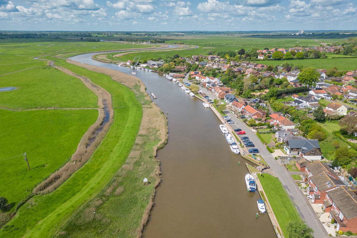 drone photo of Reedham in Norfolk showing the location of the cottage